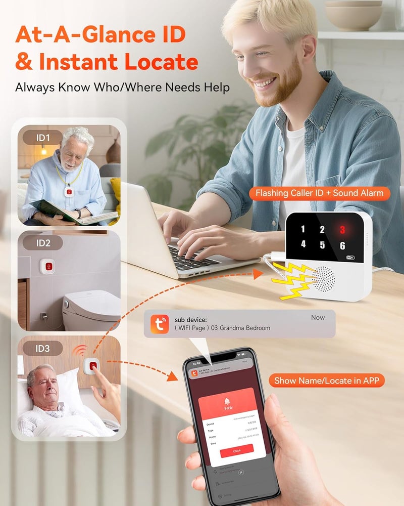 PILSAMAS Wireless Caregiver Call Button System - Dual Hub, Multi-Location Alarm, Dsiplay Caller ID & App Alert, No Monthly Fee, 4 IP65 Panic Buttons, Emergency Alert for Elderly at Home/Nursing Homes - Image 4